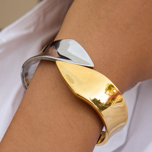 Dual-Tone Stainless Steel Snap-On Spring Bracelet