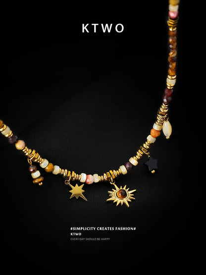 KTWO Maillard Stone Bead Necklace with Sunflower Tiger Eye Pendant