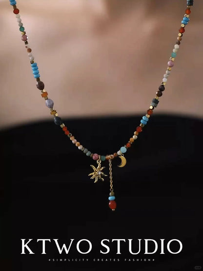 KTWO Bohemian Sun Moon Tassel Colorful Beaded Necklace