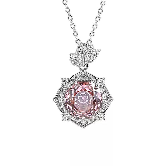 XIUSHU 4CT Pink Rose Flower Lab-Created Gemstone Pendant Sterling Silver Necklace