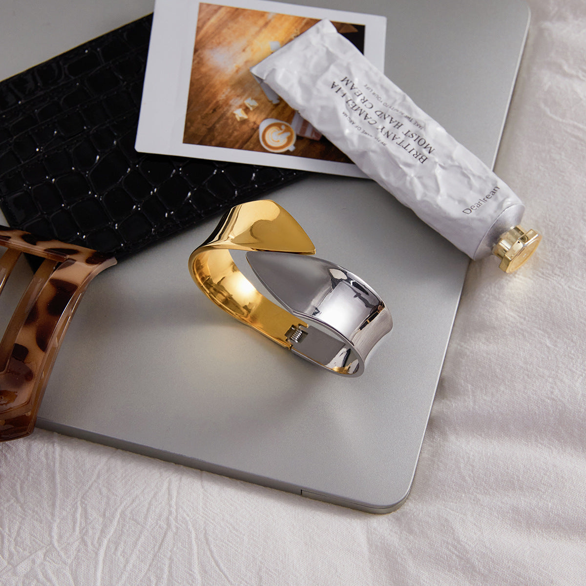 Dual-Tone Stainless Steel Snap-On Spring Bracelet