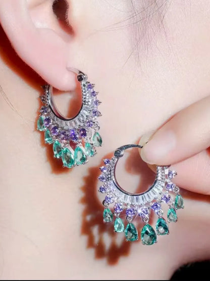 Green and Purple Zircon Water Drop Dangle Earrings