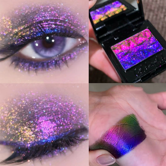 A professional makeup photo showing a model's eye adorned with our multi-chrome eyeshadow, with the eyeshadow compact placed beside it. The color shifts beautifully on the eyelid.
