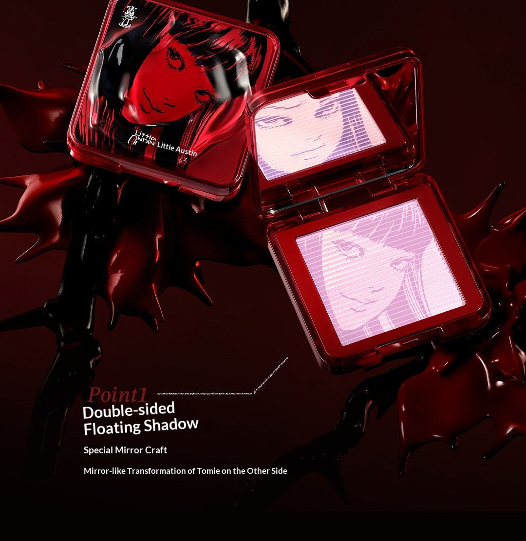  Extreme close-up of the Little Ondine Tomie Embossed Blush Palette, revealing the intricate dual-face portrait of the Tomie character.