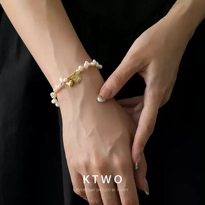 KTWO Gold Heart Charm & Freshwater Pearl Bracelet