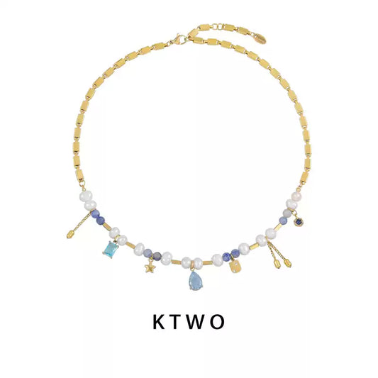 Freshwater Pearl and Blue Zircon Pendant Necklace on 18k Gold Plated Chain
