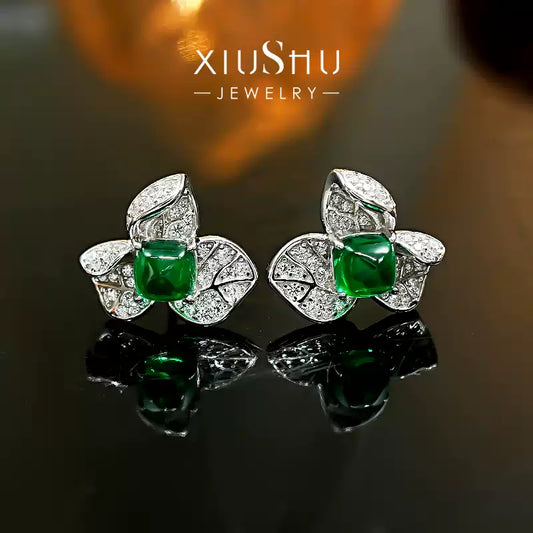 XIUSHU Lab-Created Emerald Gem Sterling Silver Floral Stud Earrings