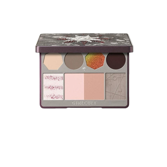 Girlcult All-in-One Face Palette with a matte highlighter, contour, and blush. Shows the artistic packaging design on a white background.