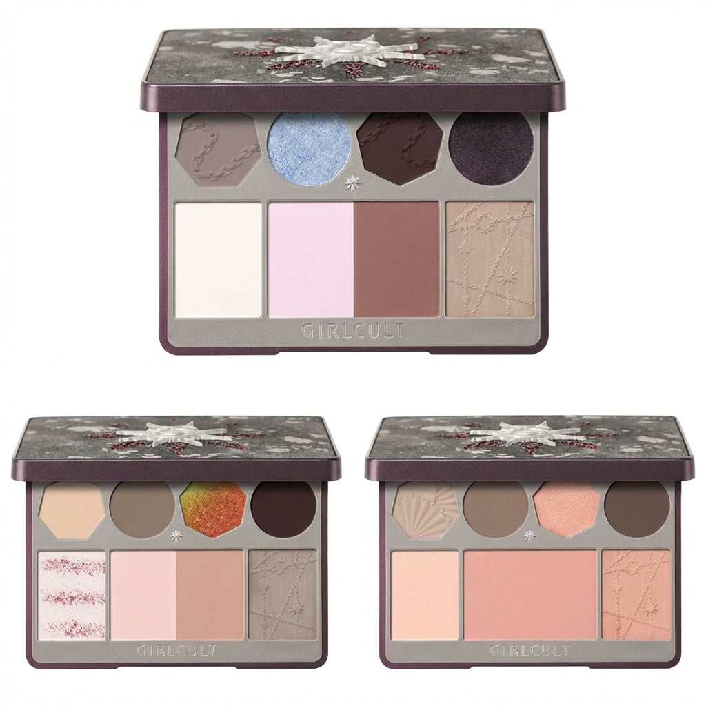 Girlcult All-in-One Face Palette with a matte highlighter, contour, and blush. Shows the artistic packaging design on a white background.