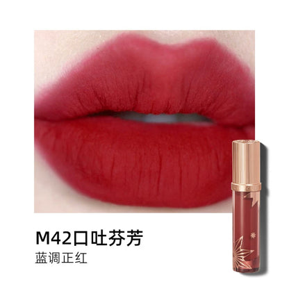 Swatch of Girlcult’s M42 lipstick: A stunning blue-based true red lipstick that brightens the complexion, in a long-lasting velvet-matte formula.