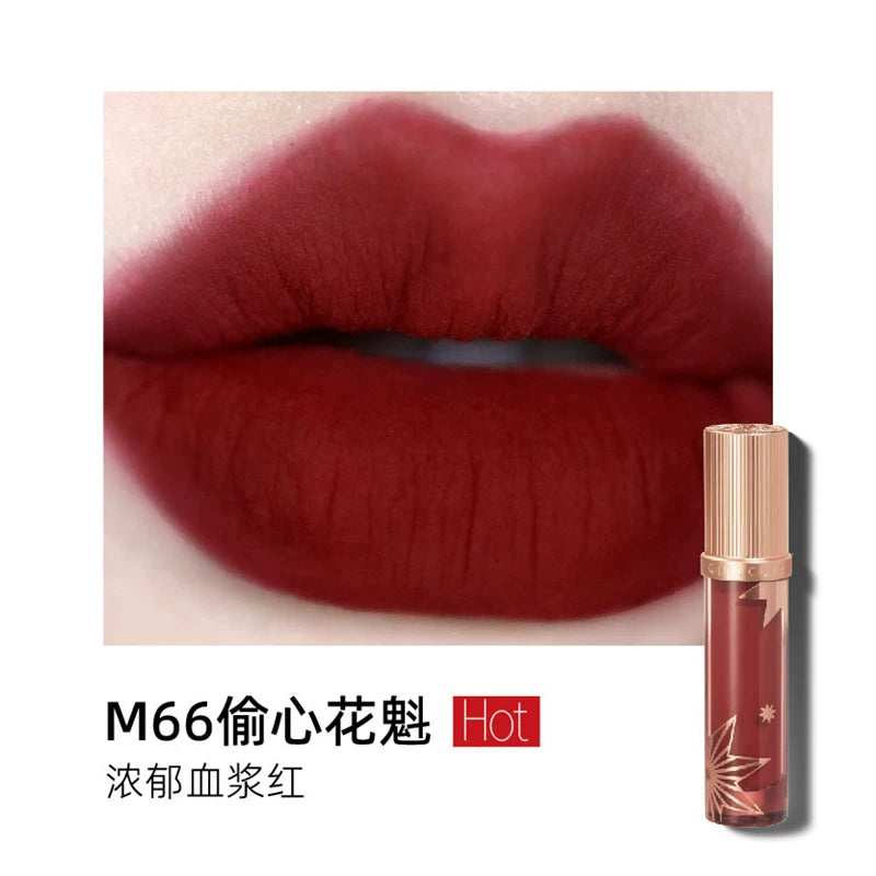 Girlcult Velvet Matte Lipstick in shade M66, a deep blood red color.