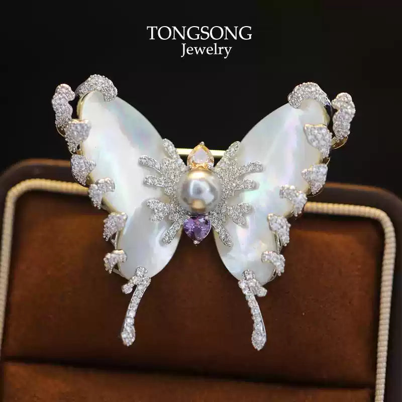 TONGSONG Moth Brooch with Gray Pearl & Shell | Micro-Pavé Zircon Wings Silver Tone Pin