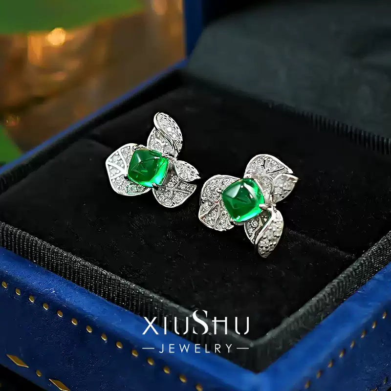 XIUSHU Lab-Created Emerald Gem Sterling Silver Floral Stud Earrings