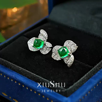 XIUSHU Lab-Created Emerald Gem Sterling Silver Floral Stud Earrings