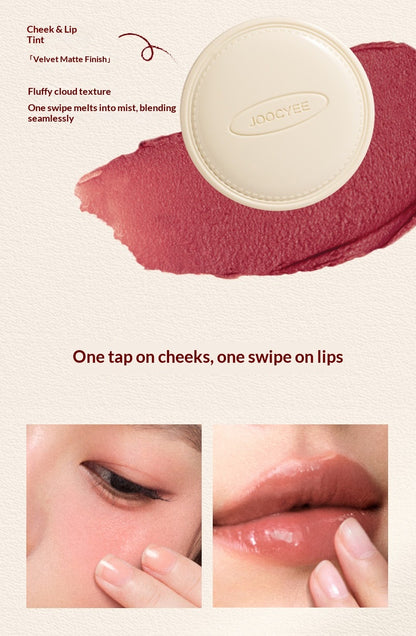 Visual demonstrating the multi-use application of JOOCYEE balm on both lips and cheeks.