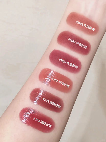 Close-up swatch showing the dewy, second-skin finish of the JOOCYEE lip and cheek tint.