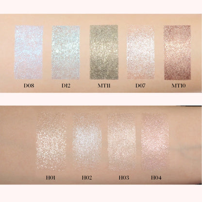Arm swatches of the JOOCYEE Diamond Flash One-Swipe Eyeshadow Stick in shades Amber Sea (MT10), Gold Shard (D07), Glacial Gleam (D08), Mint Frost (D12), and Olivine (MT11). Shows the intense shimmer and color payoff of each shade .
