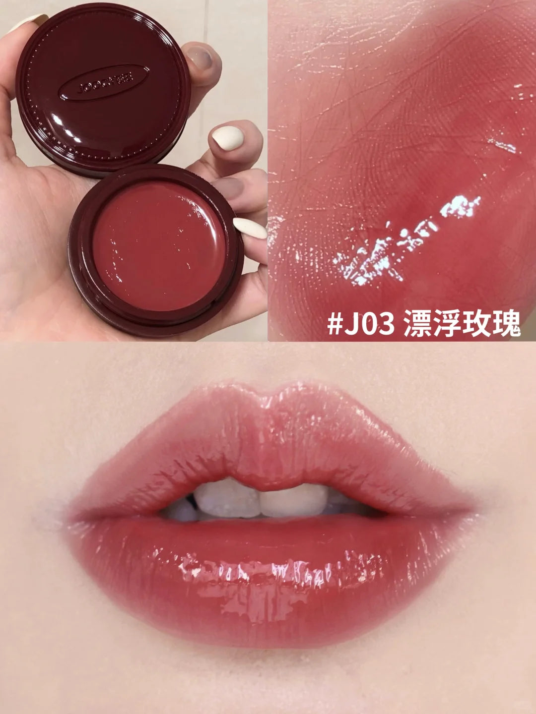 Model wearing shade ‘Rosé Hour’ on lips and cheeks, creating a monochromatic rosy makeup look.