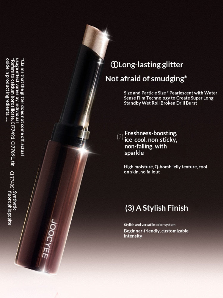 Infographic highlighting the benefits of JOOCYEE One-Swipe Sticks: easy application, long-lasting shimmer, creamy blendable formula, and waterproof wear.