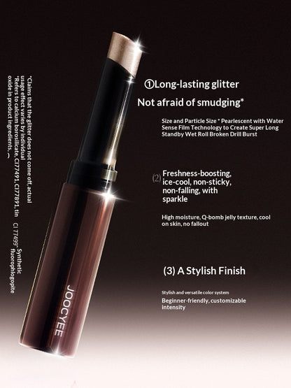 Infographic highlighting the benefits of JOOCYEE One-Swipe Sticks: easy application, long-lasting shimmer, creamy blendable formula, and waterproof wear.