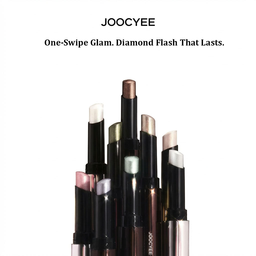 JOOCYEE Shimmer Shiny One-Swipe Eyeshadow and Highlighter Sticks on a clean white background, showing the sleek packaging