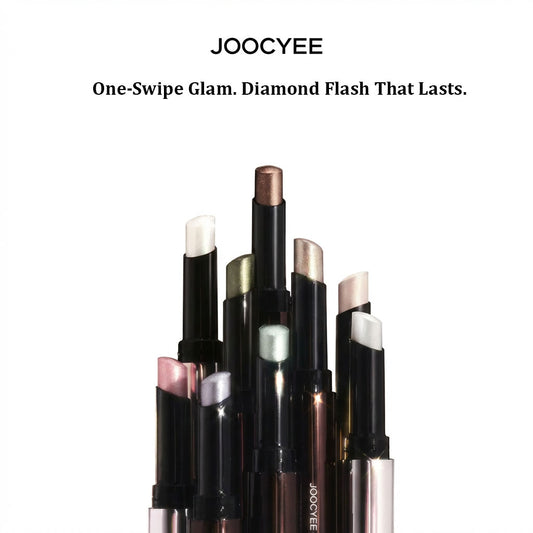 JOOCYEE Shimmer Shiny One-Swipe Eyeshadow and Highlighter Sticks on a clean white background, showing the sleek packaging
