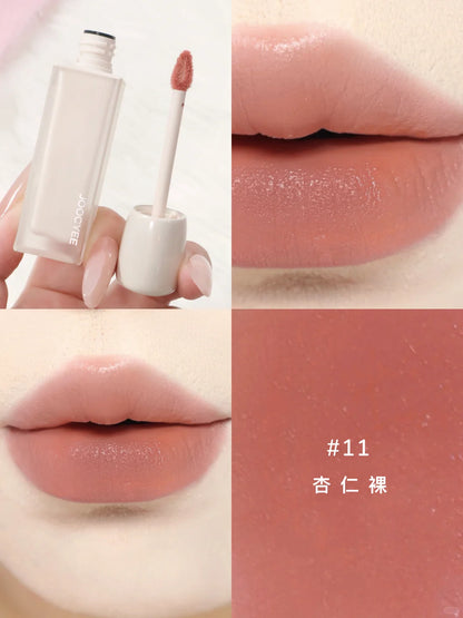 A model showcasing the JOOCYEE Velvet Lip Stain in shade ‘11’, with a soft, blurred matte finish on the lips.