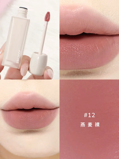 Application demo of the JOOCYEE Velvet Lip Stain in 12, highlighting its featherlight, velvety-matte texture.
