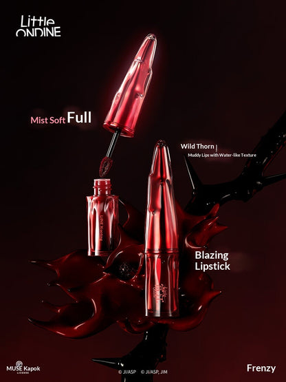 The limited edition Tomie Velvet Liquid Lip Mousse tube photographed on a dark, luxurious background, emphasizing its iconic collaboration design