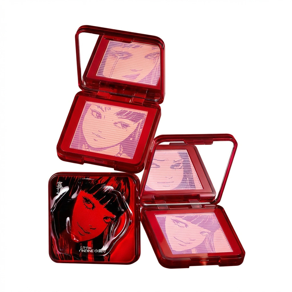  Front and back view of the Junji Ito × Little ONDINE Tomie Embossed Blush Palette on white background, showcasing the exclusive Tomie character packaging design