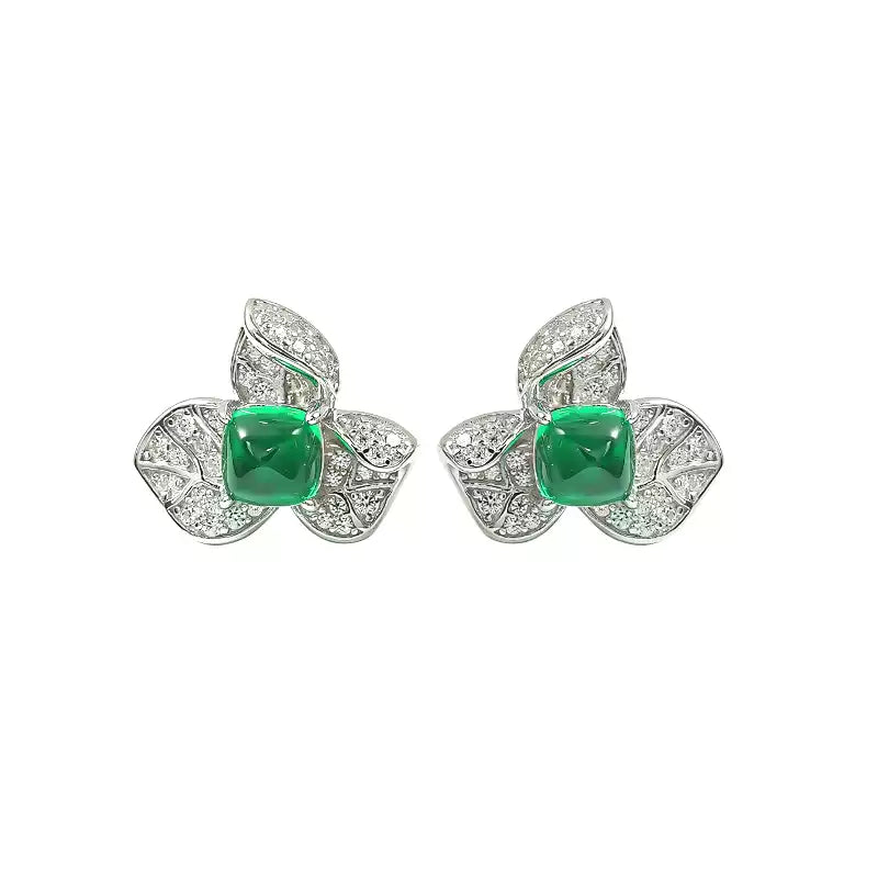XIUSHU Lab-Created Emerald Gem Sterling Silver Floral Stud Earrings