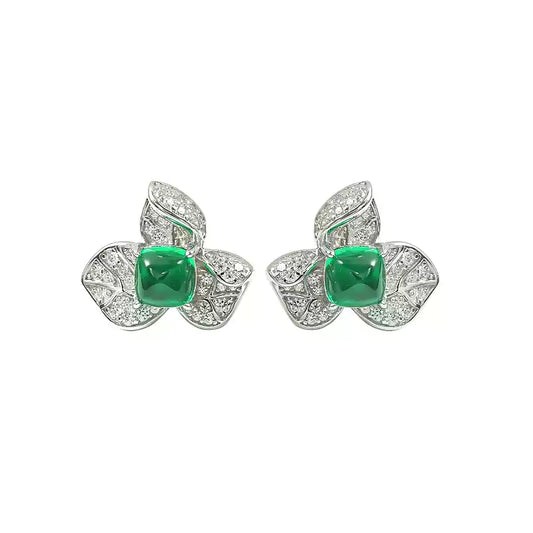 XIUSHU Lab-Created Emerald Gem Sterling Silver Floral Stud Earrings