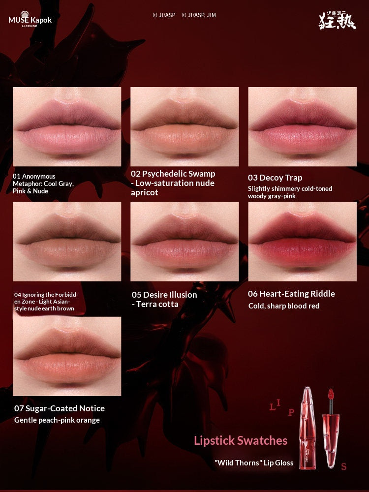 Lineup of all 7 full-size Tomie Velvet Liquid Lip Mousse tubes, displaying the complete color range available in this limited collection.