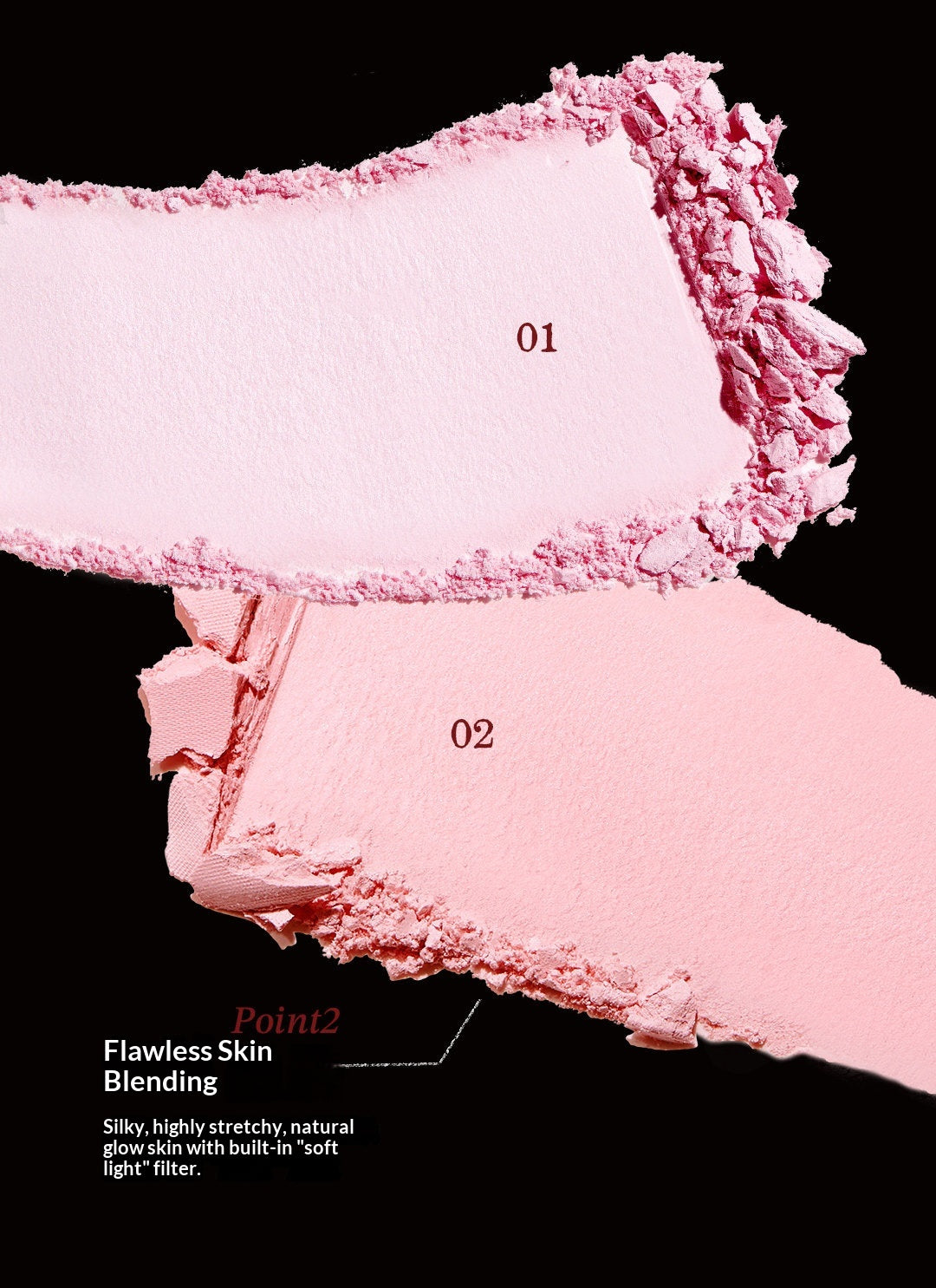 A detailed swatch showing the ultra-fine, silky texture of the little ondine Tomie blush powder, blending seamlessly into skin for a natural flush