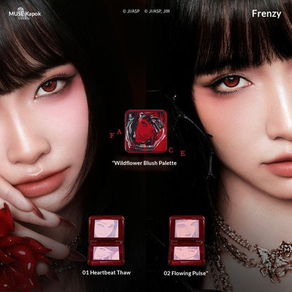 A model wearing both shades from the little ondine Tomie Embossed Blush Palette, demonstrating the versatile color payoff and seamless blend on cheeks.