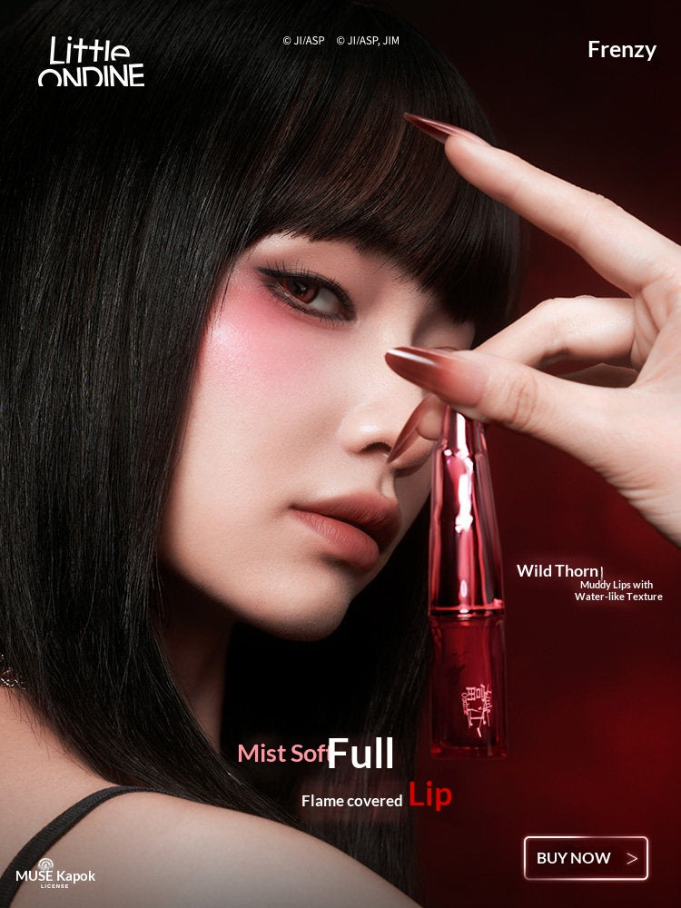 A model holds and displays the tube of the Junji Ito × Little ONDINE Tomie Velvet Liquid Lip Mousse , showcasing its unique design and velvety finish.