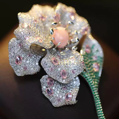 TONGSONG Dewdrop Floral Brooch with Pink Crystal Center