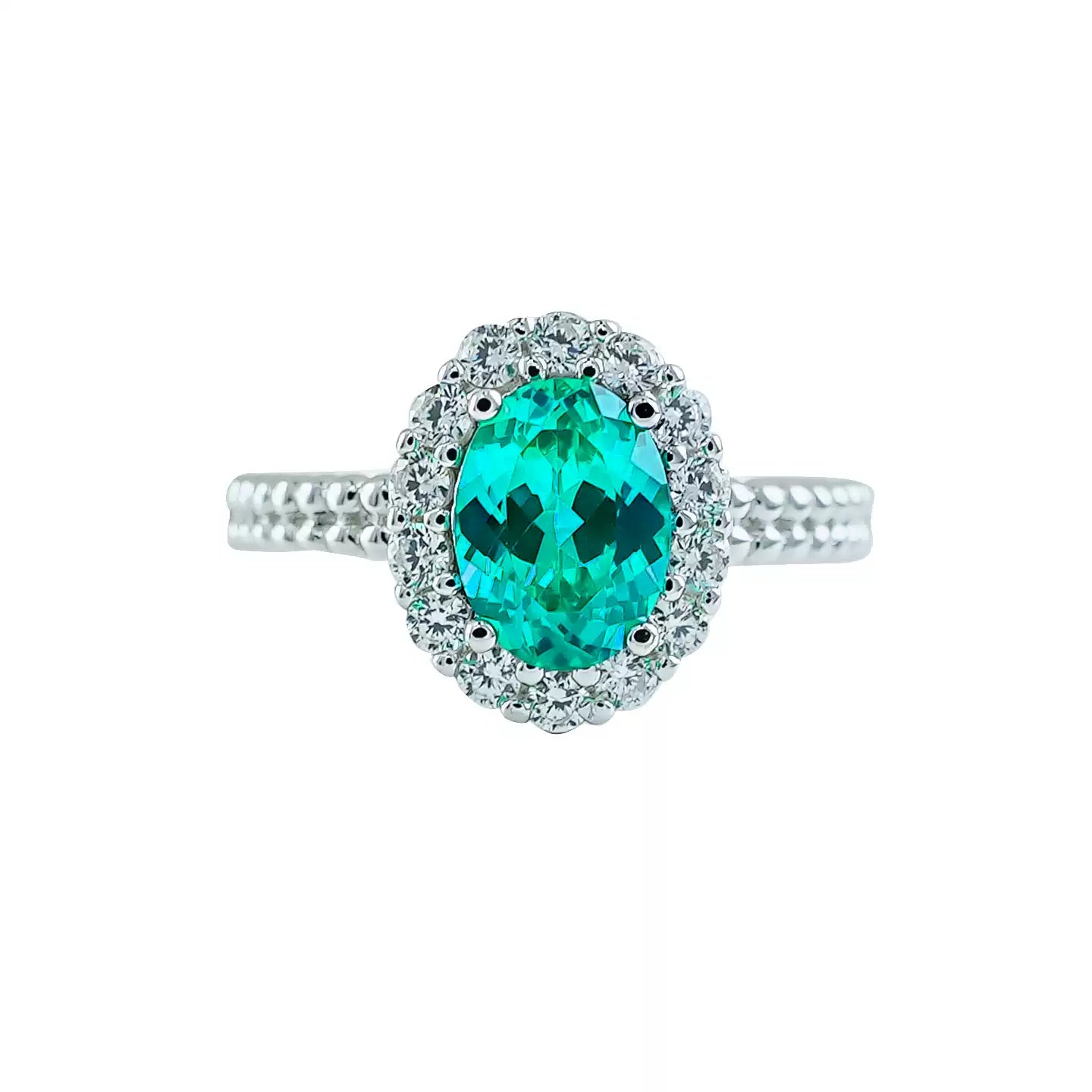 Oval Paraiba Green Tourmaline Solitaire Ring in 925 Sterling Silver, front view on a white background.