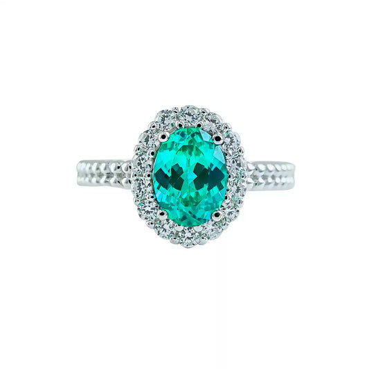 Oval Paraiba Green Tourmaline Solitaire Ring in 925 Sterling Silver, front view on a white background.