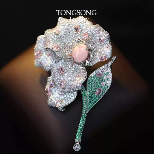 TONGSONG Dewdrop Floral Brooch with Pink Crystal Center
