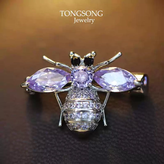 TONGSONG Violet Zircon Bee Brooch - Nature Inspired Statement Pin