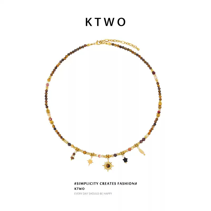 KTWO Maillard Stone Bead Necklace with Sunflower Tiger Eye Pendant