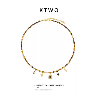 KTWO Maillard Stone Bead Necklace with Sunflower Tiger Eye Pendant