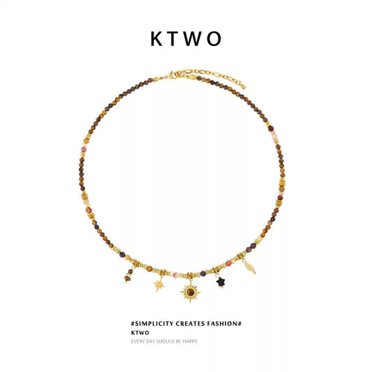 KTWO Maillard Stone Bead Necklace with Sunflower Tiger Eye Pendant