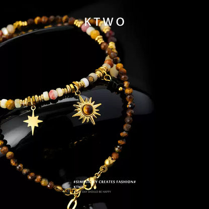 KTWO Maillard Stone Bead Necklace with Sunflower Tiger Eye Pendant