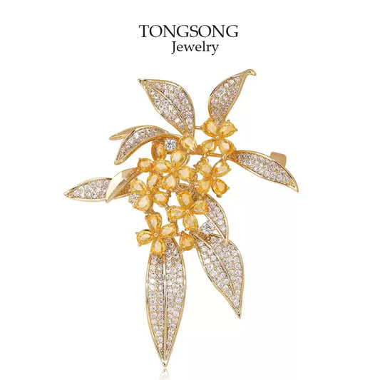 TONGSONG Vintage Sweet Olive Brooch with Crystal Dew Drops