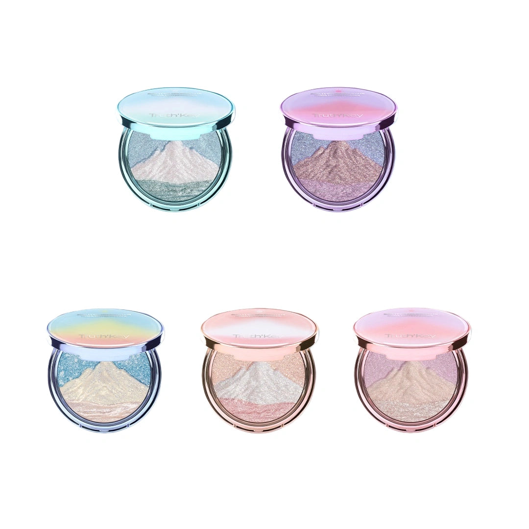 TruthKey Sunlit Peaks 3-Color Strobing Highlighter Palette on white background.