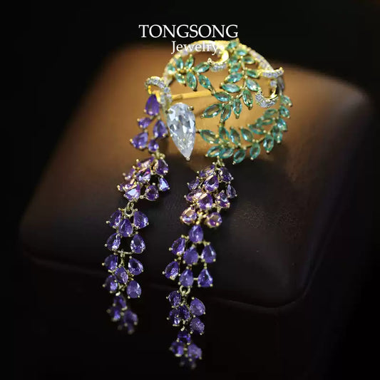 TONGSONG Wisteria Brooch Crystal Cascade With Purple-Tone Fringe